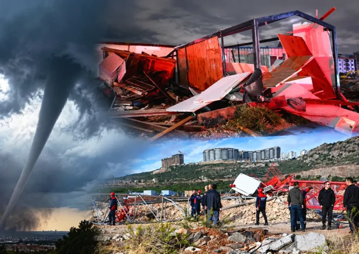 varias imágenes mostrando un tornado y restos de un contenedor y una grúa destrozados con violencia