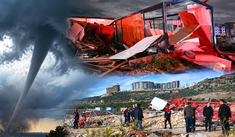 varias imágenes mostrando un tornado y restos de un contenedor y una grúa destrozados con violencia