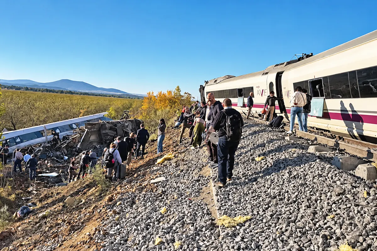 Several passengers getting off a derailed AVE train next to another overturned carriage at the foot of an embankment