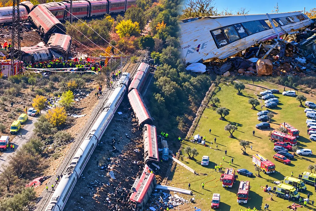 several images showing the two high-speed trains that collided in Toledo, Spain, and the wreckage of the carriages