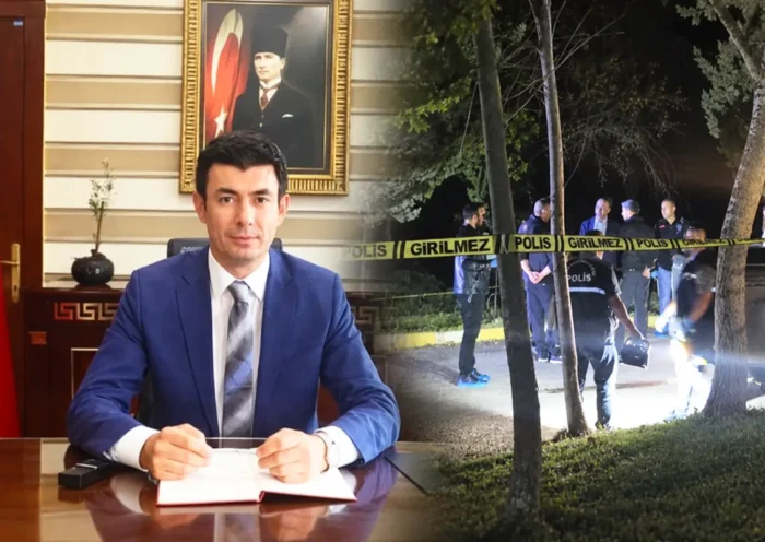 a photograph of the Deputy Governor of Afyonkarahisar in his office, alongside a photograph of several police officers at night at a crime scene